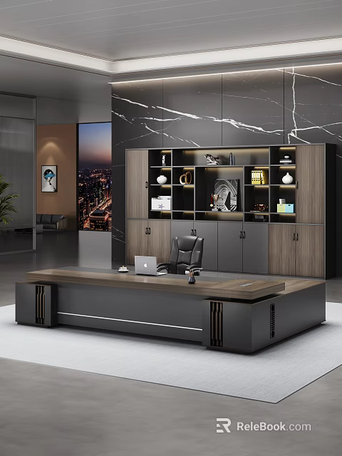 Modern Office Interior Executive Desk With Black Wooden Finish Bookshelf Computer Chair 3d model 