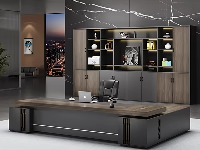Modern Office Interior Executive Desk With Black Wooden Finish Bookshelf Computer Chair 3d model