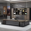Modern Office Interior Executive Desk With Black Wooden Finish Bookshelf Computer Chair