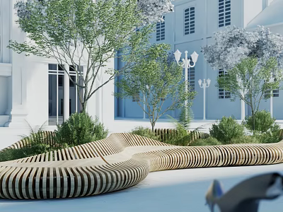 Curved Wooden Landscape Seating Surrounded By Greenery And City Buildings 3d model