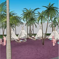 Waterside Landscape with Palm Trees White Tents Pink Ground and Outdoor Furniture