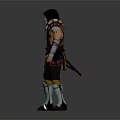 Armored Warrior Character Standing With Black Hood Yellow Red Armor And Weapon On Gray Background