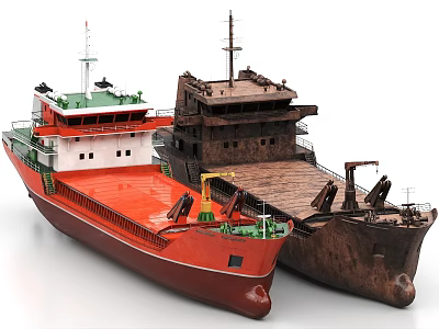 Modern Red And Green Cargo Ship Alongside Rusty Old Marine Vessel 3d model