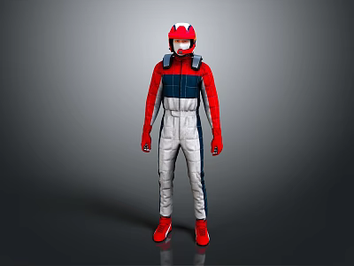 Full Body Racing Character In Red White Blue Suit With Helmet Standing Against Gray Background 3d model