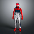 Full Body Racing Character In Red White Blue Suit With Helmet Standing Against Gray Background