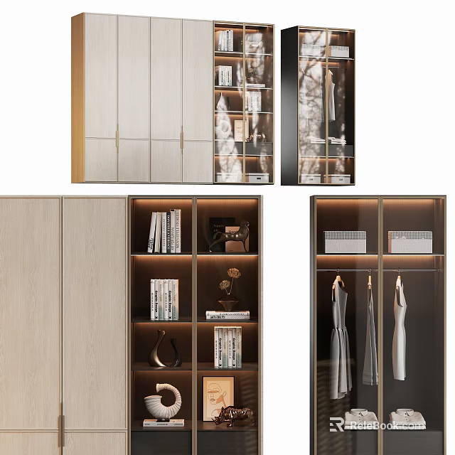 Elegant Modern Wardrobe Design With Wooden Panels Glass Doors Open Shelves And Hanging Space 3d model 