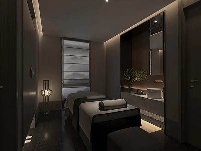 Modern SPA Sauna Room With Massage Beds Towels Floor Lamp And Green Plants 3d model