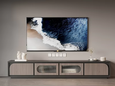 Modern TV Stand With Wall Mounted TV Ocean Wave Scene And Decorative Ornaments 3d model