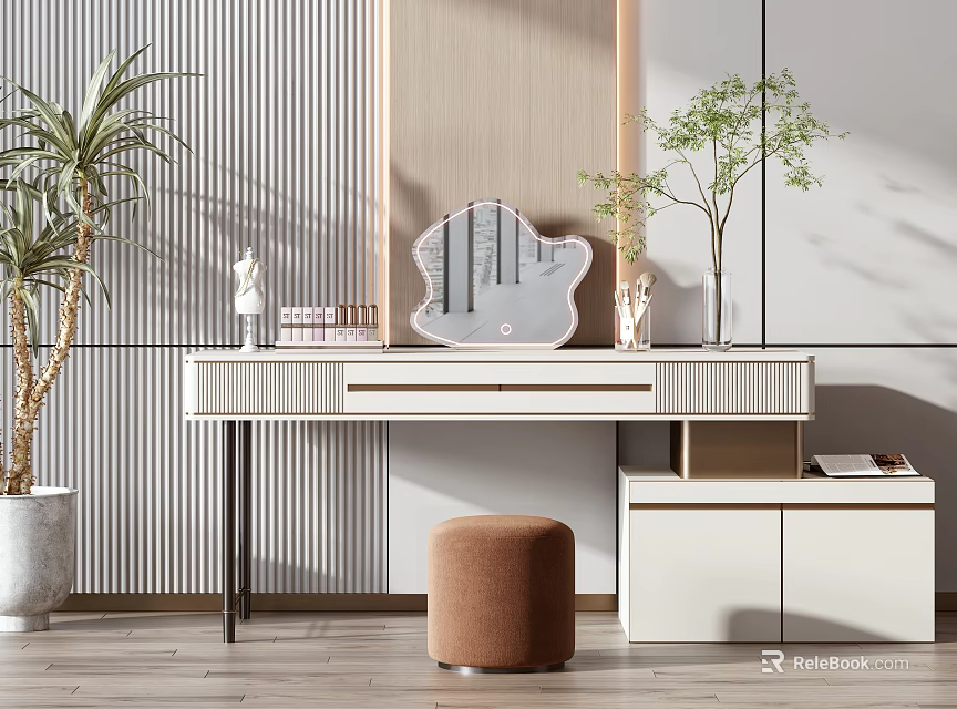 Modern White Dressing Table With Mirror Stool Potted Plants And Decorative Items 3d model 