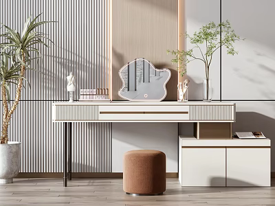 Modern White Dressing Table With Mirror Stool Potted Plants And Decorative Items 3d model