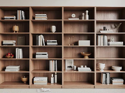 Modern Wooden Bookshelf Interior With Books Vases Bowls And Photo Frames 3d model