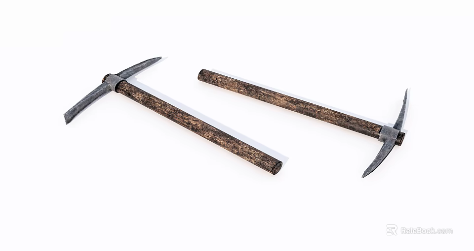 Two Vintage Pickaxe Weapons With Brown Wooden Handles And Metal Heads 3d model 