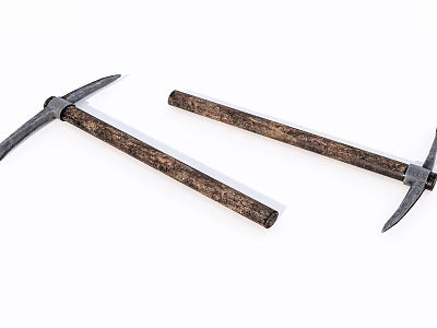 Two Vintage Pickaxe Weapons With Brown Wooden Handles And Metal Heads 3d model