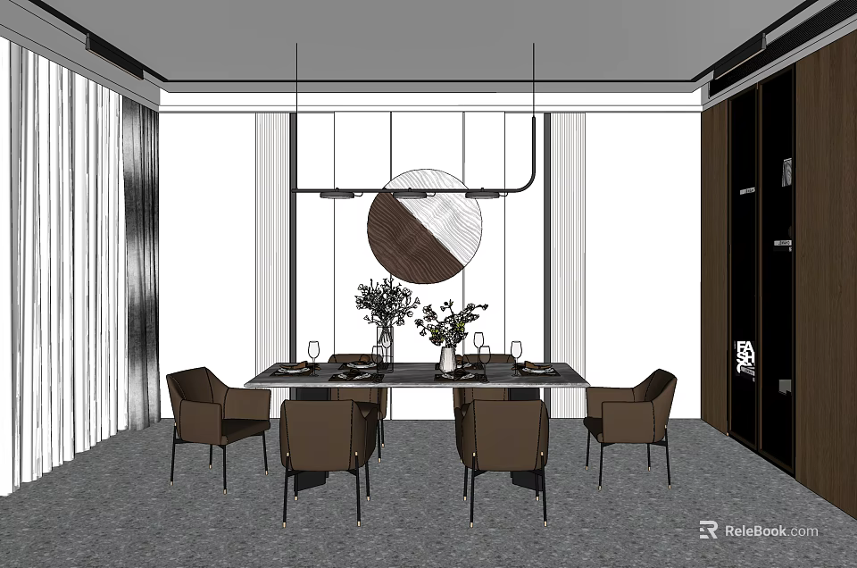 Modern Restaurant Interior With Dining Table Chairs Pendant Lights And Circular Decorative Mirror 3d model