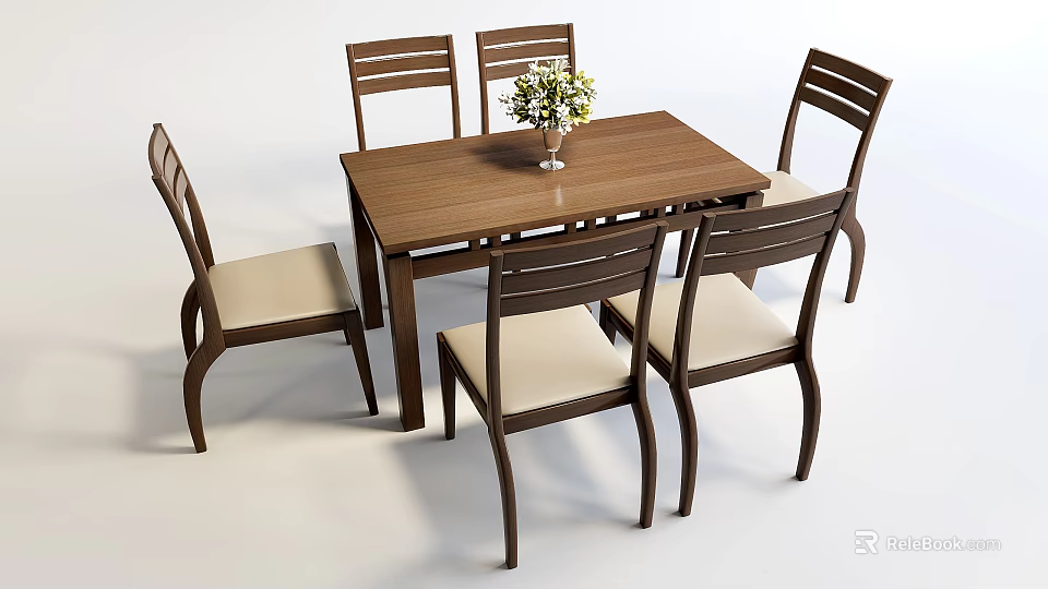 Wooden Dining Table Set With Six Striped Backrest Chairs And Vase With Flowers 3d model 