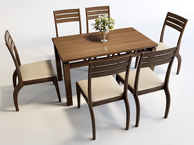 Wooden Dining Table Set With Six Striped Backrest Chairs And Vase With Flowers 3d model
