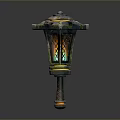 Traditional Decorative Lantern With Colored Glass Panels And Intricate Base Patterns