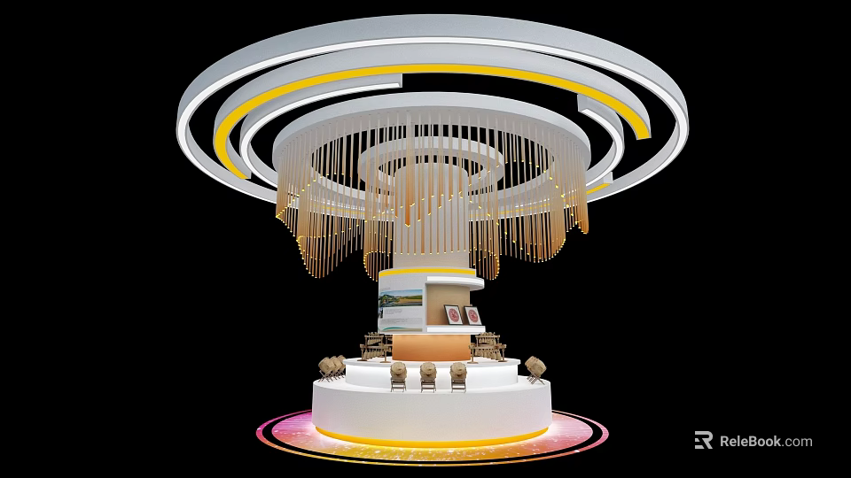 Modern Exhibition Island Design With Circular Lighting Hanging Decorations And Display Platform 3d model 