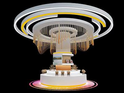 Modern Exhibition Island Design With Circular Lighting Hanging Decorations And Display Platform 3d model