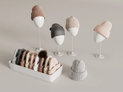 Multiple Knitted Hats in Neutral Tones Displayed on Mannequin Heads and White Box 3d model