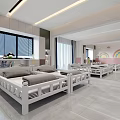 Cheerful Kindergarten Bedroom Interior With Small Beds Rainbow Stars Cloud Decor And Pink White Walls