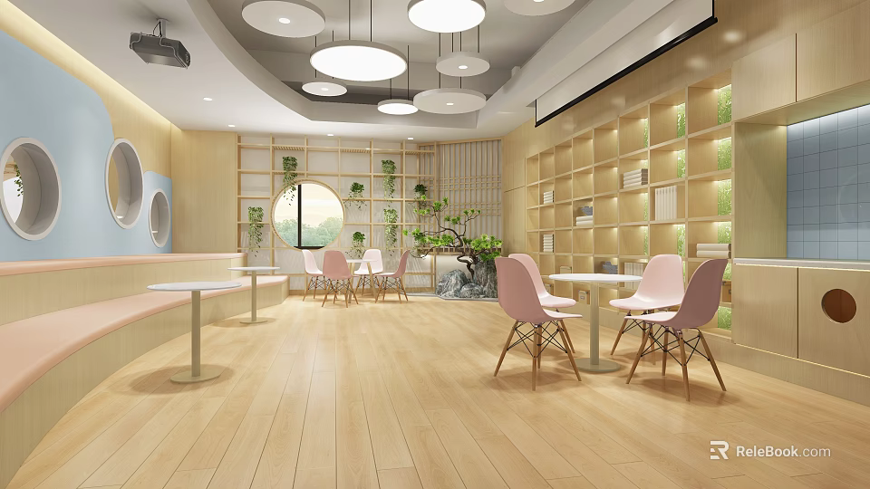 School Library With Round Pendant Lights Wooden Walls Bookshelves Green Plants Pink Chairs White Tables 3d model 