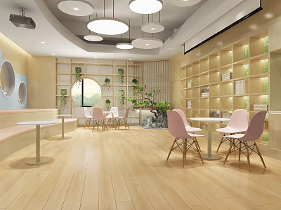 School Library With Round Pendant Lights Wooden Walls Bookshelves Green Plants Pink Chairs White Tables 3d model