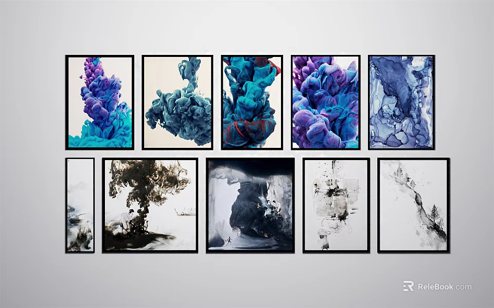 Colorful Abstract Ink Paintings For Modern Home Wall Decoration Framed Artworks 3d model 