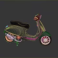 Dark Blue Scooter With Black Seat And Gold Wheels On Reflective Surface