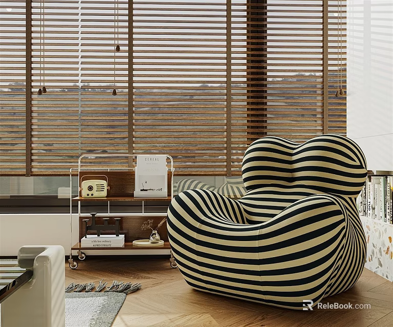 Unique Black And White Striped Single Sofa In Modern Living Room With Wooden Blinds 3d model 