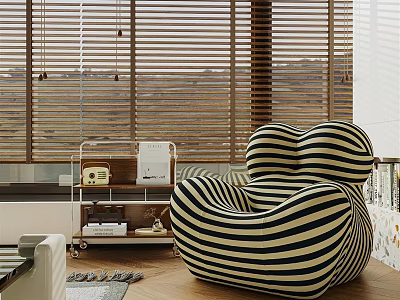 Unique Black And White Striped Single Sofa In Modern Living Room With Wooden Blinds 3d model
