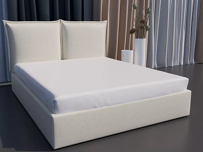 Modern Beige Double Bed With White Mattress And Simple Fabric Headboard Design 3d model