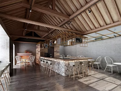 Rustic Bar Interior Design With Wooden Ceiling Counter Stools And Concrete Walls 3d model