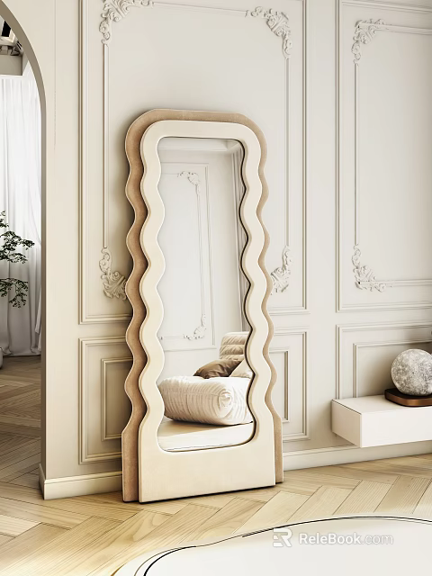 Scalloped Frame Mirror In Paneled Wall Room With Sofa And Decor 3d model 