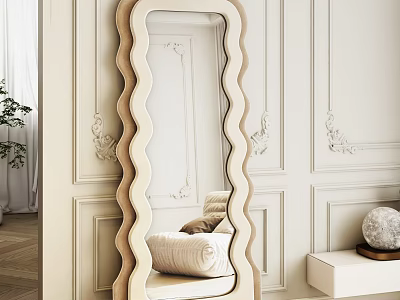 Scalloped Frame Mirror In Paneled Wall Room With Sofa And Decor 3d model