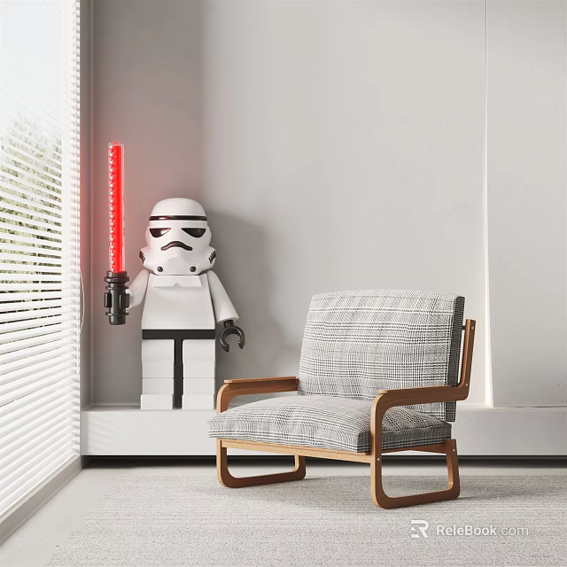 Gray Plaid Single Sofa with Wooden Armrest in White Wall Room and Lego Stormtrooper 3d model 