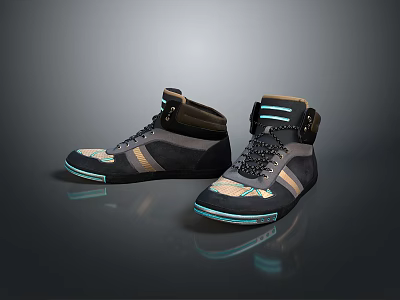 Modern Stylish High Top Shoes With Black Gray Body Blue Accent Lines And Patterned Toe 3d model