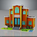 Red Two Story Building With Yellow Trim Blue Windows Front Steps Small Shrubs And Sign