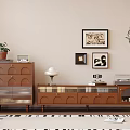 Brown Wooden TV Stand with Cabinet Potted Plant Table Lamp Decorative Paintings and Striped Rug