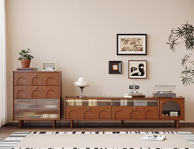 Brown Wooden TV Stand with Cabinet Potted Plant Table Lamp Decorative Paintings and Striped Rug 3d model