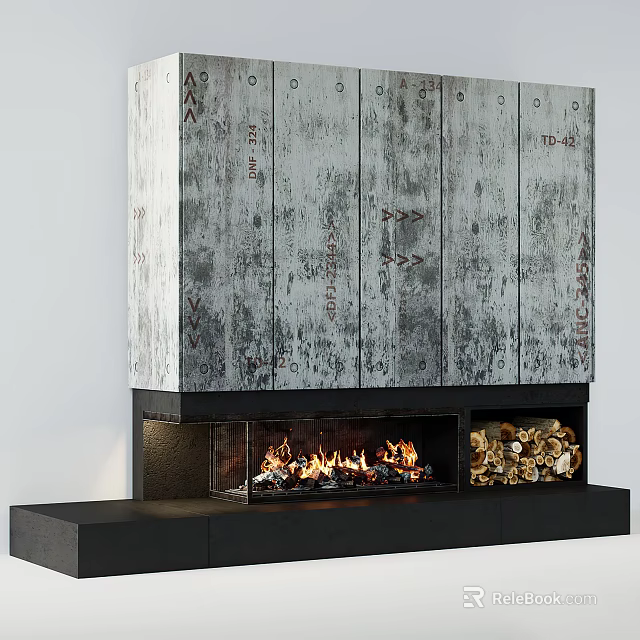 Gray Wood Paneled Fireplace Interior With Burning Flames And Stacked Firewood 3d model 