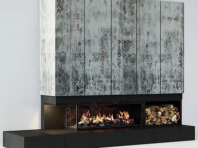 Gray Wood Paneled Fireplace Interior With Burning Flames And Stacked Firewood 3d model