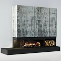 Gray Wood Paneled Fireplace Interior With Burning Flames And Stacked Firewood