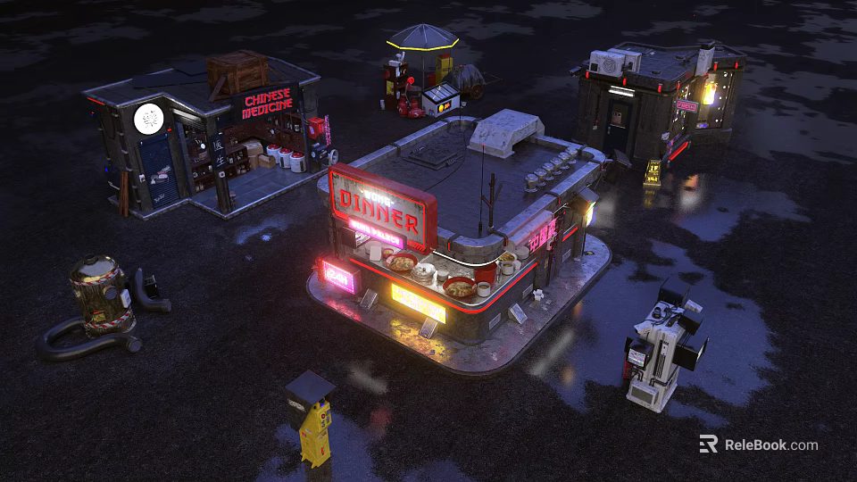 Vintage Diner Street Scene With Neon Lights And Outdoor Seating At Night 3d model 