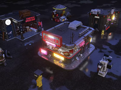 Vintage Diner Street Scene With Neon Lights And Outdoor Seating At Night 3d model