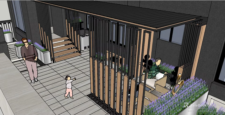 Wooden Pergola Structure with Black Accents Plants Steps Seating and Lavender in Outdoor Area 3d model 