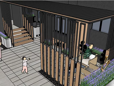 Wooden Pergola Structure with Black Accents Plants Steps Seating and Lavender in Outdoor Area 3d model