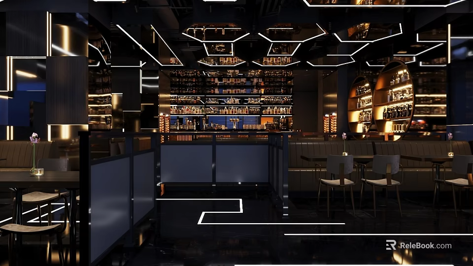 Modern Bar Interior Design With Stylish Lighting Bar Counter And Drink Shelves 3d model 