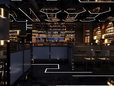 Modern Bar Interior Design With Stylish Lighting Bar Counter And Drink Shelves 3d model