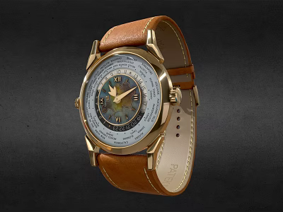 Luxury Gold Case Watch With Brown Leather Strap And Intricate Dial Design 3d model